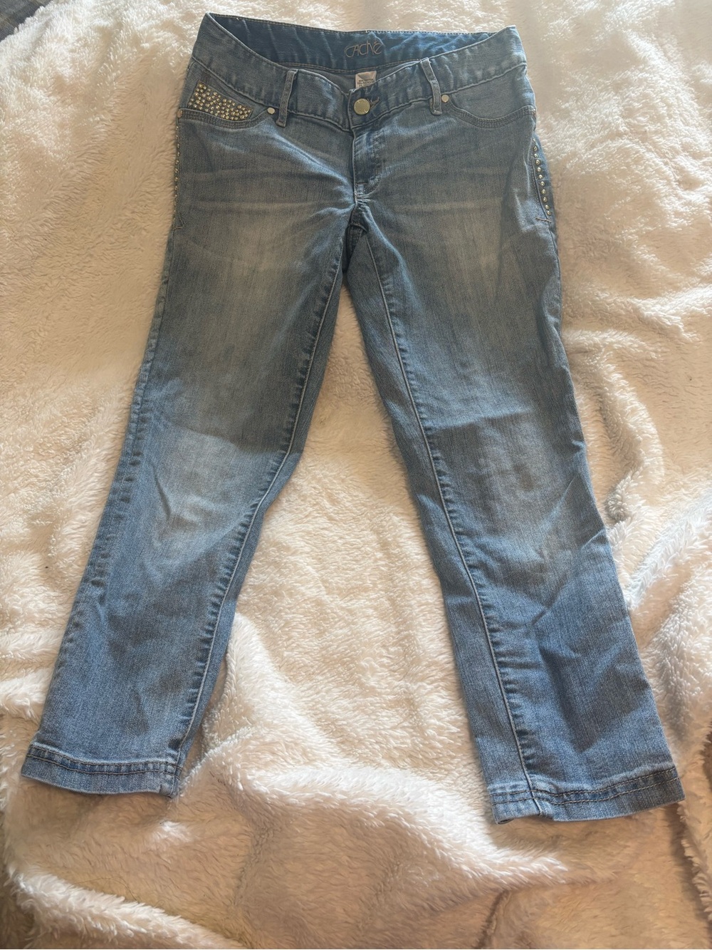 Cache Light Blue Straight Leg capri Women's Jeans with Stud Accents